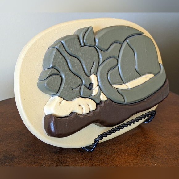 INTARSIA HAND CRAFTED 3D WOOD CARVED CAT PLAQUE WALL ART - Picture 10 of 10